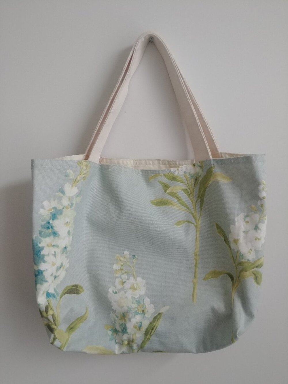 Blue fabric floral tote bag cherry blossoms